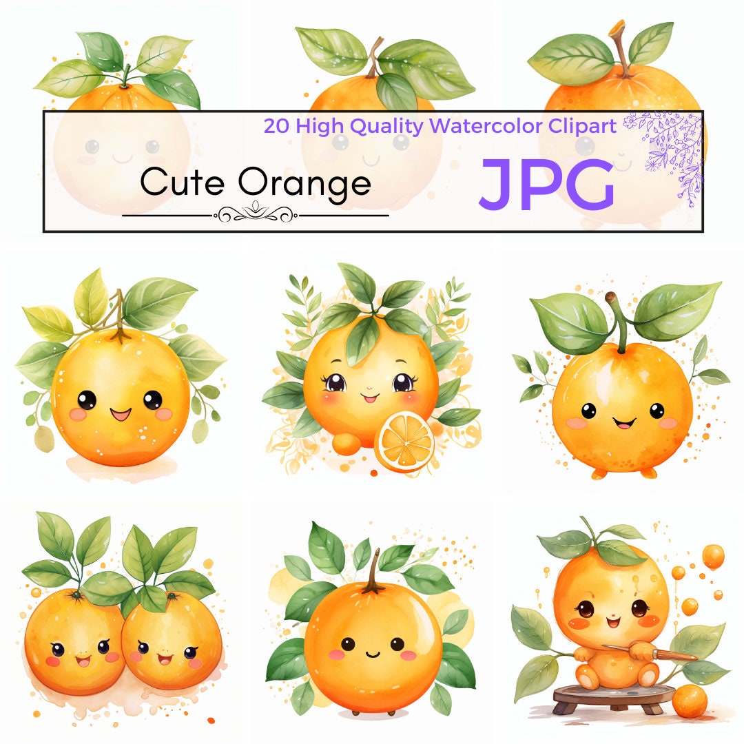 Watercolor Cute Orange Clipart, Kawaii Clipart Cute Clipart Nursery Jpg