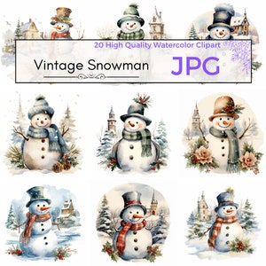 Watercolor Vintage Snowman With Winter Scenery Clipart, High Quality JPG, Christmas, Crafts, Gifts, Christmas clipart Prints Commercial Use