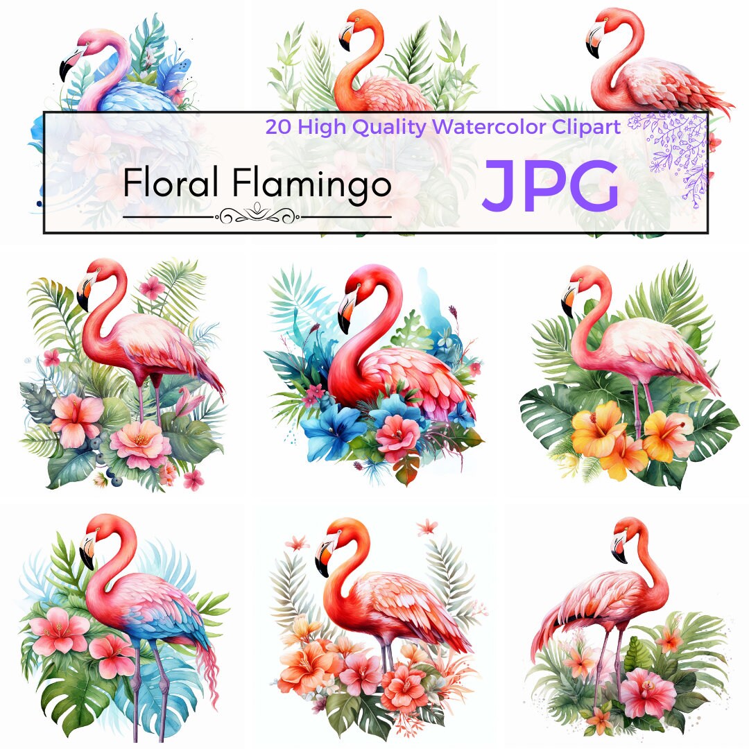 Watercolor Floral Flamingo Clipart, Flamingo Floral Art Clipart ...