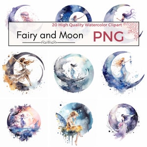 20 Watercolor Fairy With Moon Clipart Bundle PNG | Fantasy, Floral, Printable Art, instant download, digital planner, commercial us, Fantasy
