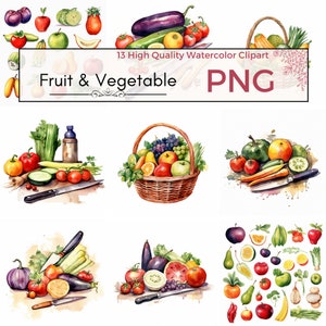 13 Aquarell Obst und Gemüse Clipart Set - Digitaldrucke, Obst Clipart, Kartenherstellung, 13 Hochwertige PNG Bilder, Kommerzielle Nutzung