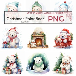 Christmas Polar Bear Clipart, High Quality PNG cute clipart christmas png xmas sublimation Watercolor clipart, Card making, Instant download