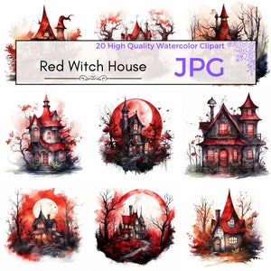 Watercolor Red Witch House, halloween house jpg, halloween clipart, forest witch printables, Scrapbooking, Commercial Use, digital download