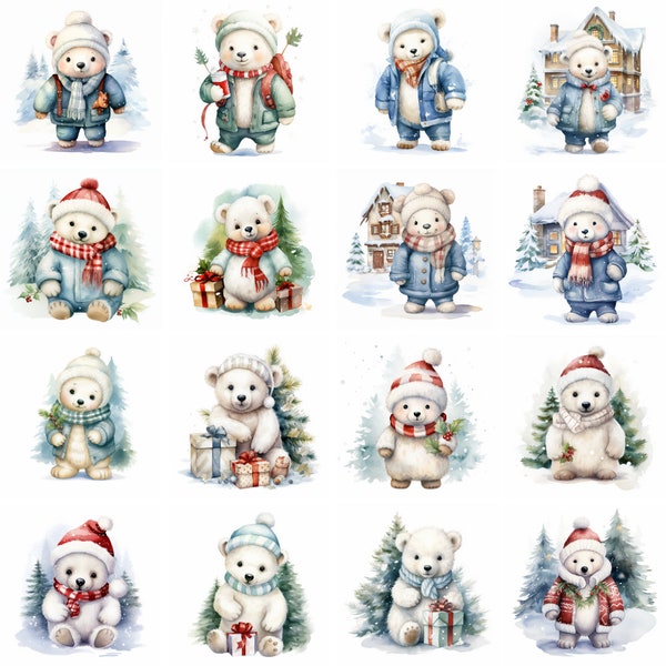 20 Cute Baby Polar Bear Clipart, christmas clip art, high quality png winter, xmas Printables, xmas animals, scrapbooking, digital downloads