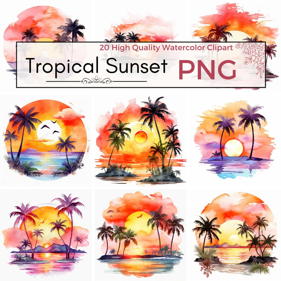 20 PNG Watercolor Tropical Sunset Clipart, Beach Sunset Clipart ...