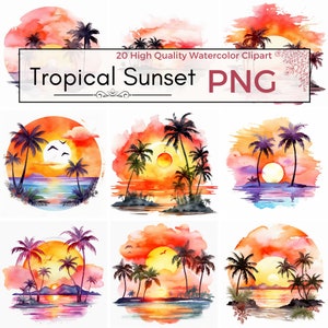 20 PNG Watercolor Tropical Sunset Clipart, Beach Sunset Clipart, Digital Graphics, Instant Download, Commercial Use, Palm Tree, Landscape