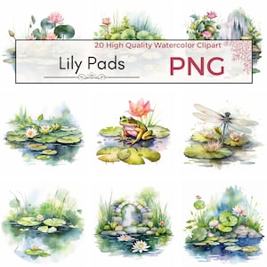20 Aquarela Lily Pads Clipart PNG, lindo lírio de primavera e lago de sapo-lírio, download digital instantâneo para uso comercial