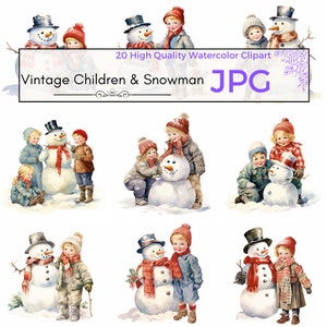 Watercolor Vintage Children With Snowman Clipart, High Quality JPG, Christmas Clipart, Prints Scrapbooking, Commercial Use, Digital download