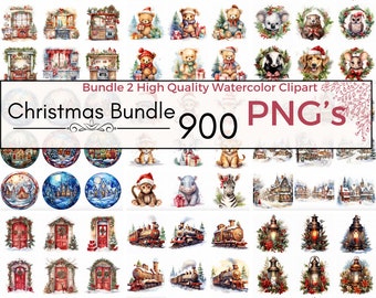 900 Christmas Clipart Bundle, holiday clipart, christmas png bundle, xmas png, winter decor Watercolor clipart, card making instant download