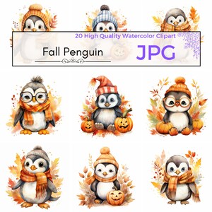 Watercolor Fall Penguin Clipart, high quality jpg, nursery decoration, autumn clipart, autumn Scrapbooking, Commercial Use, digital download