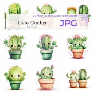 水彩画のかわいいサボテンのクリップアート、サボテンのイラストかわいいかわいいクリップアートの印刷物 jpg スクラップブッキング、商用利用、JPG デジタルダウンロード