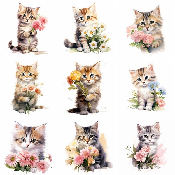 Watercolor Cat and Flower Clipart, high quality png, cute animal clip art, kitten floral wall art, Prints, Sublimation, instant download