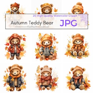Acuarela Otoño Osito Clipart, imágenes prediseñadas de guardería, baby shower, otoño sublimación otoño Scrapbooking, Uso comercial, Descarga digital