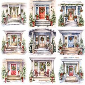 20 Christmas Porch Watercolor Clip art, high quality png, winter, holiday clipart, Printables, junk journal, scrapbooking, digital downloads
