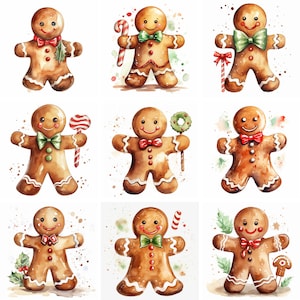 Archivos PNG de imágenes prediseñadas de hombre de jengibre de acuarela, imprimibles de arte de pared de imágenes prediseñadas navideñas de alta calidad, fabricación de tarjetas y álbumes de recortes de vacaciones de Navidad