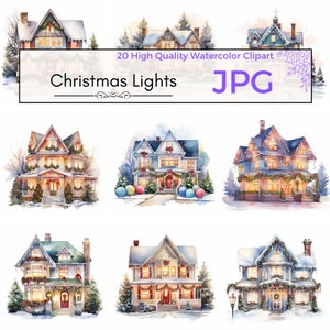 Watercolor Christmas Lights Clipart, christmas clipart holiday printables house xmas lights Scrapbooking, Commercial Use, digital download