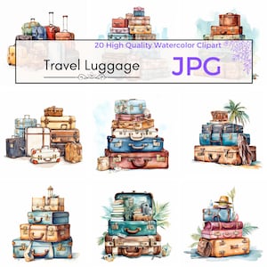 Aquarelle voyage bagages Clipart, valise de voyage jpg rétro illustration été clipart Scrapbooking, utilisation commerciale, JPG téléchargement numérique