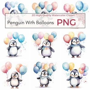 Pingüino con globos clipart, PNG de alta calidad, lindo bebé pingüino clipart, pingüino PNG, tarjeta gráfica de decoración de vivero que hace descarga instantánea