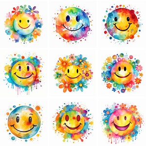 20 Retro Groovy Smiley Face Clip Art, Watercolor Clipart, Hippie, High ...