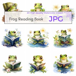 Grenouille aquarelle lecture livre Clipart, JPG de haute qualité, Clipart grenouille mignonne, rat de bibliothèque, art mural chambre d'enfant, livre de cliparts printemps, téléchargement immédiat