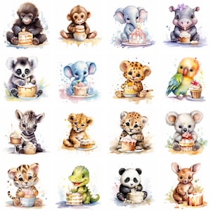 Watercolor Cute Safari Animals Eating Cake Clipart, high quality png, nursery wall art, zebra, giraffe Prints, Sublimation, instant download