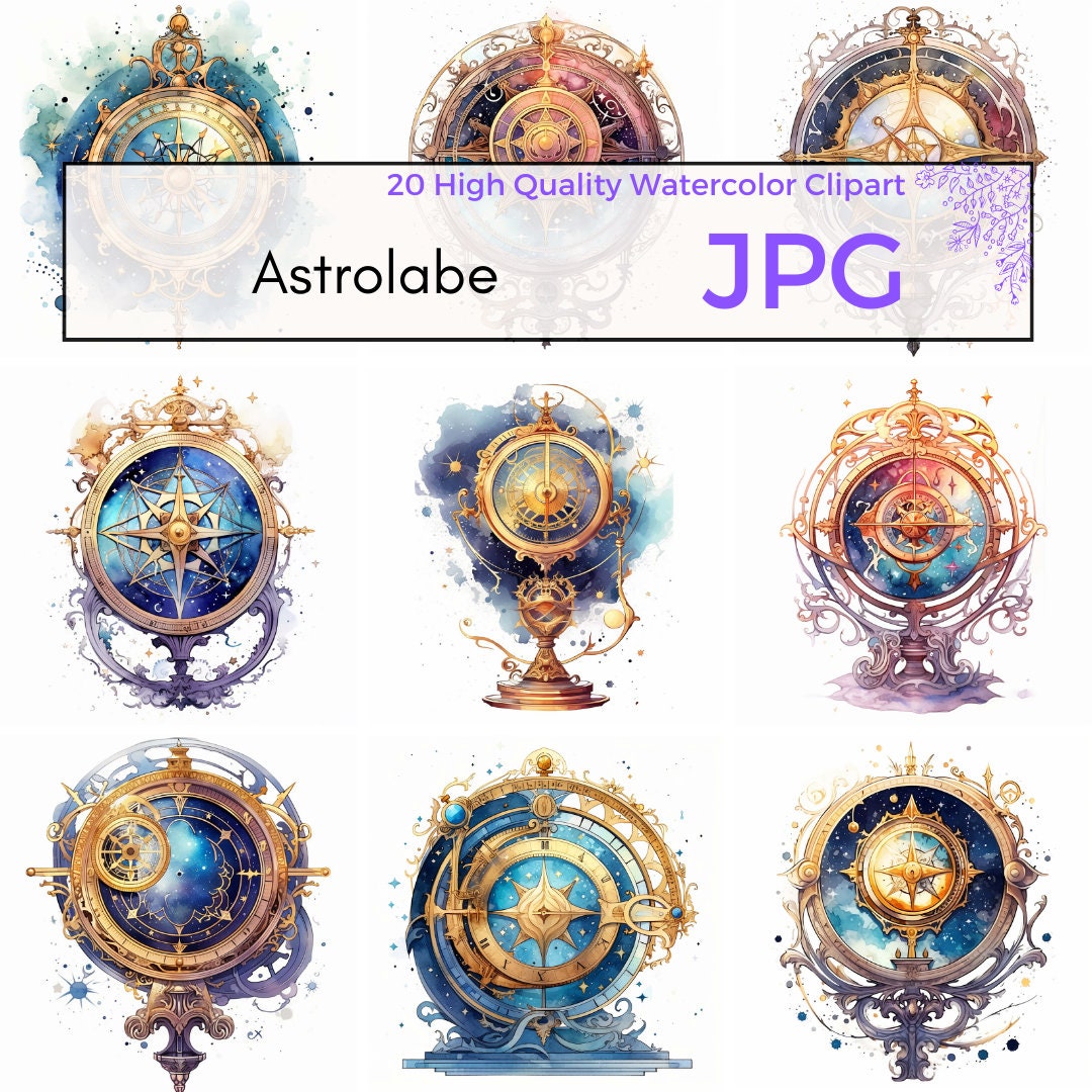Watercolor Astrolabe Clipart High Quality JPG Fantasy - Etsy