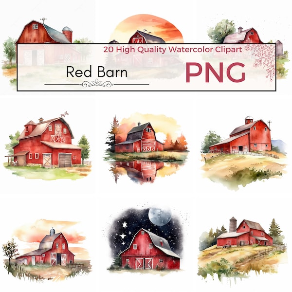 20 Watercolor Red Barn Clipart Bundle | Farmhouse Illustrations, Digital Download, Commercial Use, Old farm barn, Red barn png, Barn clipart