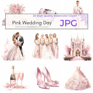 Clipart de dia de casamento rosa aquarela, clipart de noiva e noivo, arte de casamento, scrapbooking para impressão, uso comercial, download digital