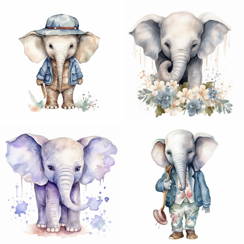 20 Watercolor Elephant Clipart Set Cute and Whimsical Baby Etsy