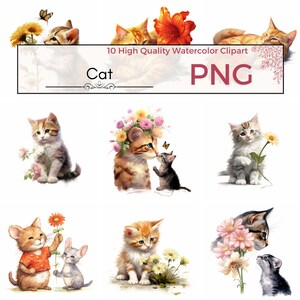 Set of 10 - Cat Clipart, Cat Illustrations, Card Making, Scrapbooking, Cat Digital Prints, High Quality PNG, Download, Commercial Use