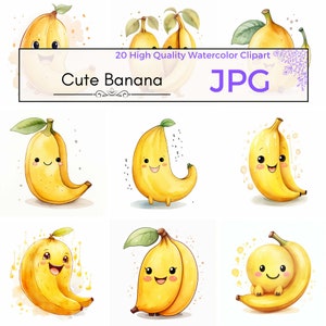 Acuarela lindo plátano clipart, lindo clipart vivero decoración fruta jpg imprimibles kawaii Scrapbooking, uso comercial, JPG Descarga digital