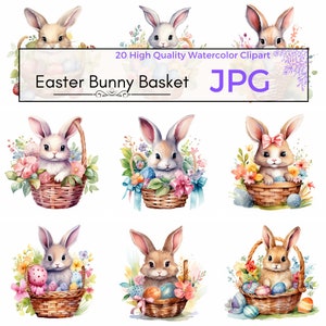 Clipart de cesta de coelhinho da Páscoa em aquarela, JPG de alta qualidade, clipart de Páscoa, sublimação de coelhinho, gráficos de primavera para uso comercial, download instantâneo