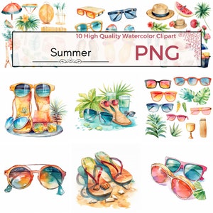 Watercolor Summer Clipart - Set of 10, Card Making, High Quality PNG Images, Summer Clipart