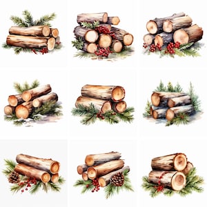 Watercolor Wooden Logs Clipart, PNG files, xmas, Christmas clip art, printables, scrapbooking, junk journal, winter graphics, wall art