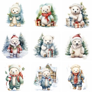 Acuarela Navidad Oso Polar Clipart, png de alta calidad, lindo clip art de oso polar, Navidad, Impresiones de invierno, Sublimación, descarga instantánea