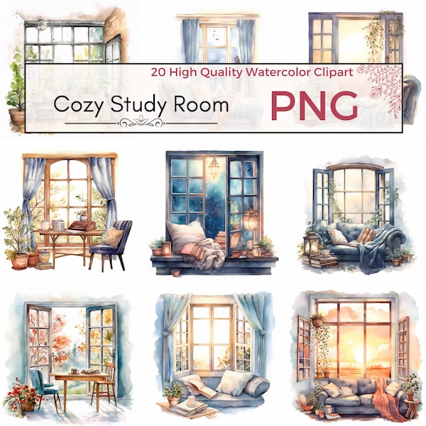 20 Watercolor Cozy Study Room Window Clipart, Bookcase, Rainy, Digital Download, PNG, Digital Prints, Reading nook, Room, Corner Room