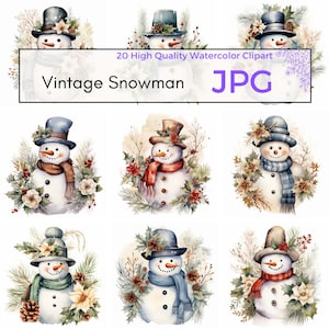 Watercolor Vintage Snowman Clipart, High Quality JPG, Vintage Clipart, Winter Graphics, Snowman Wall Art, Commercial Use, Digital download