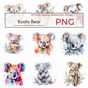 20 Watercolor Koala Bear Clipart Set - Cute Koala PNG - Koala PNG - Animal Clip Art - Nursery Wall Art, Digital Download, Koala, Baby Shower