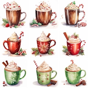 20 Hot Chocolate Watercolor Clip art PNG files, hot cocoa clipart png, Christmas collage images, digital planner, scrapbooking, winter, xmas