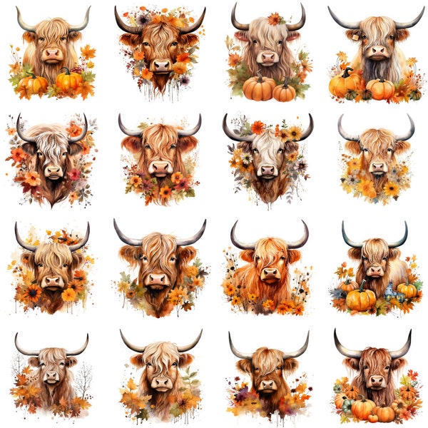 20 Autumn Highland Cow Clip art, high quality png, fall clipart, pumpkin floral prints, Printables, journal, scrapbooking, digital download