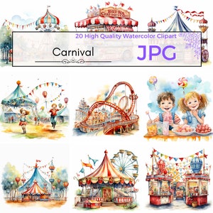 Watercolor Carnival Clipart, kids clipart digital prints, carnival art printables ferris wheel Scrapbooking Commercial Use, Digital download