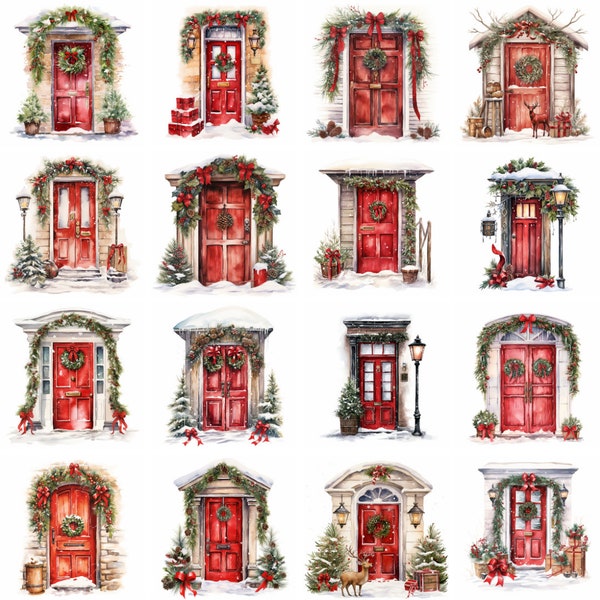 20 Aquarell Rote Tür Clipart, hohe Qualität png, Weihnachten, xmas, Urlaub Grafiken, Dekoration, Kunst, Drucke, Sublimation, sofortiger download