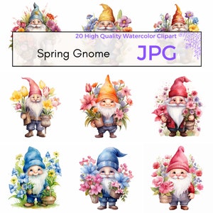 Watercolor Spring Gnome Clipart, High Quality JPG, Cute Spring Wall Art, Gnome Prints, Floral Sublimation, Instant Download, Commercial Use