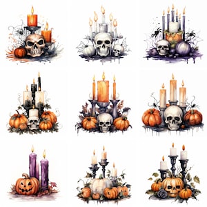 Watercolor Halloween Candle Clipart PNG, Spooky, Fall Candles Clip art, Scary, pumpkin and skulls, instant download for commercial use
