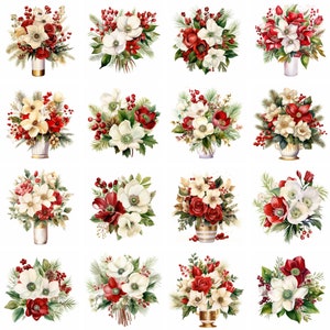 Clipart de buquê de rosas de Natal em aquarela, png de alta qualidade, clipart floral de inverno de natal, flores fofas, sublimação de impressões, download instantâneo