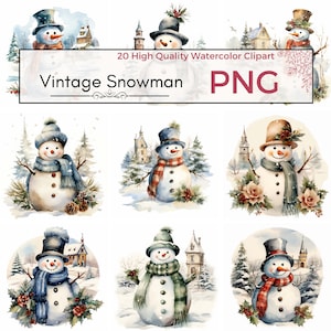 Vintage Snowman With Winter Scenery Clipart, High Quality PNG, Christmas Clipart, Snowman Graphics, Scrapbooking Supply, Instant Download