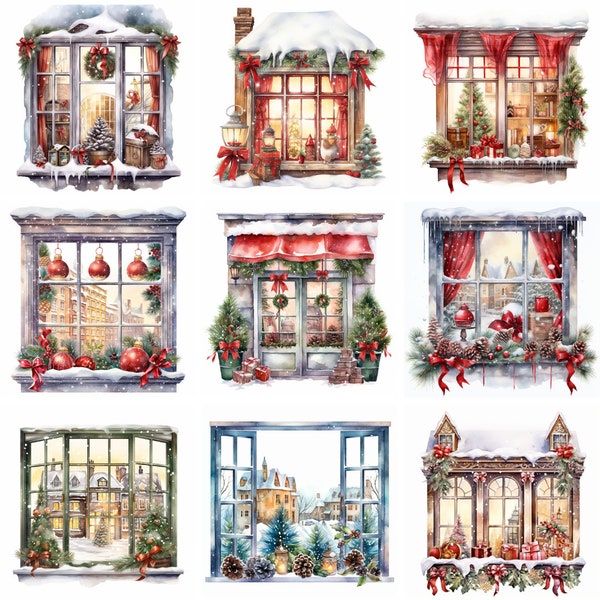 Aquarel Kerstvenster Clipart PNG, Winter clip art afbeeldingen, illustraties, afbeeldingen, kunst aan de muur, printables, feestelijke instant download