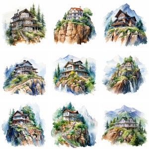 Mountainside House Clipart, high quality png, watercolor clipart, mountain illustration, mountain clipart, house clipart, digital download
