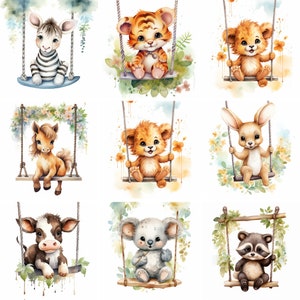 Cuccioli di animali dell'acquerello su altalene Clipart, png di alta qualità, clip art di animali da fattoria safari, animali da vivaio, sublimazione, download immediato