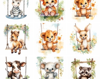 Watercolor Baby Animals on Swings Clipart, high quality png, safari farm animals clip art, nursery animals, Sublimation, instant download